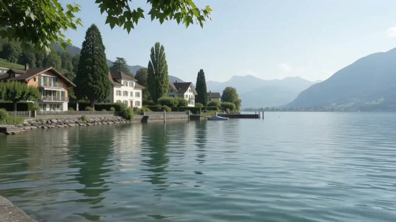 Illustration eines ruhigen Seeufers mit Wohnhäusern und Bergen